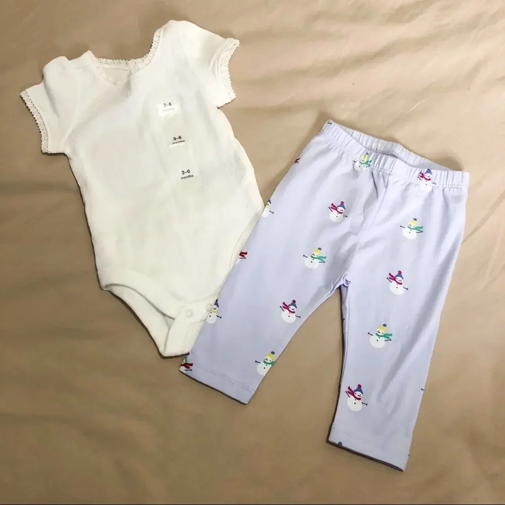 NWT Gap Snowman Pants and Cream Onesie Outfit 3-6 Months